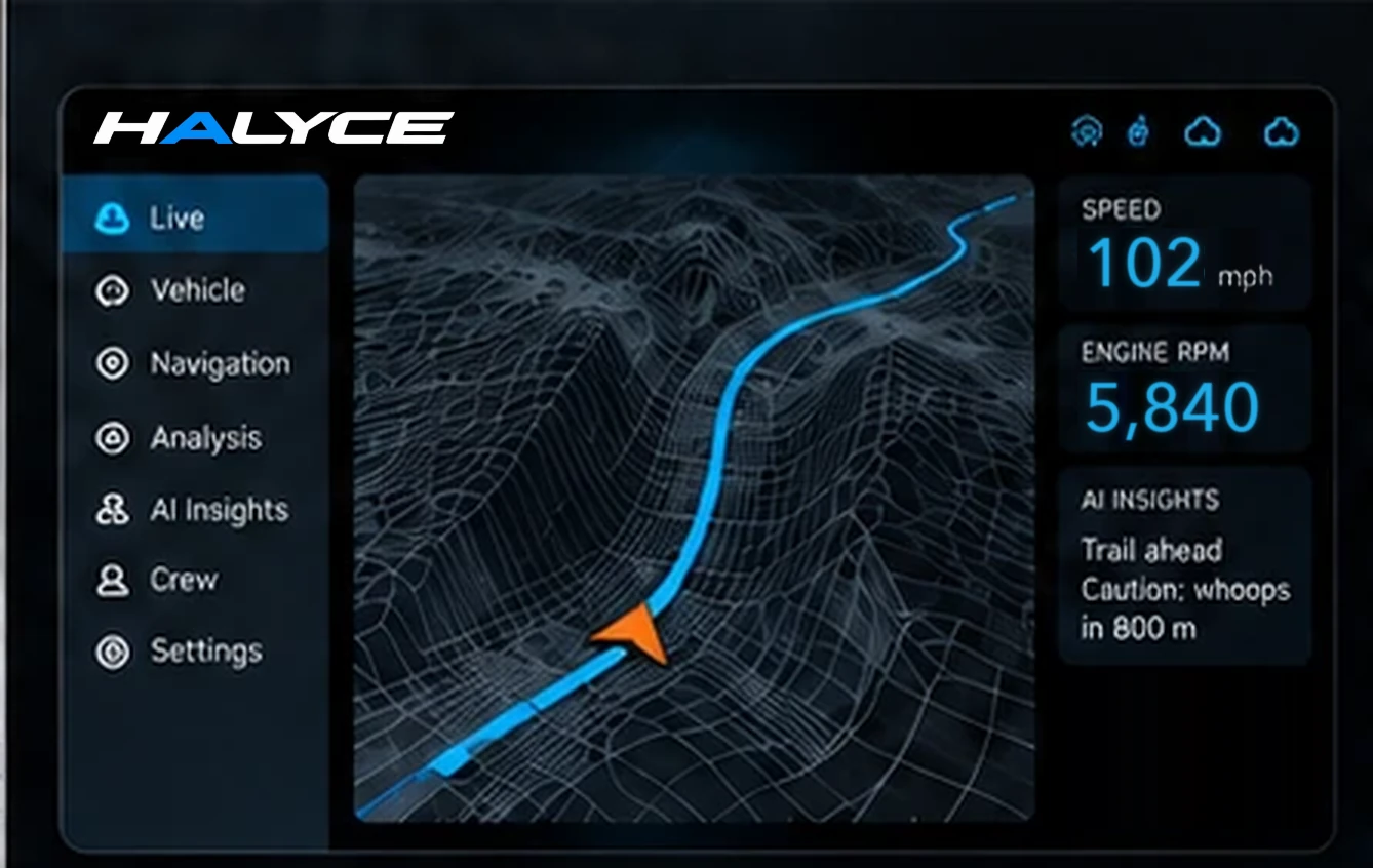 HALYCE telemetry software dashboard showing navigation and vehicle data